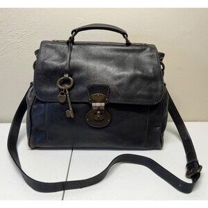 Fossil Black Leather Crossbody Messenger Bag Strap & Top Handle Heart Key Charm